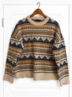 DAZY Oversized Fair Isle Geometric Knit Sweater Large Cozy Crewneck Boho